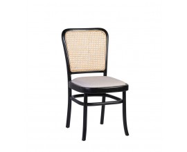 Stylová černá jídelní židle Teka s ratanovým vídeňským výpletem z masivního teakového dřeva s béžovým čalouněným sedadlem