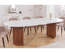 Art deco oválný jídelní stůl Gatsby s bílou mramorovou vrchní deskou a drážkovanými dřevěnými nožičkami 220 cm