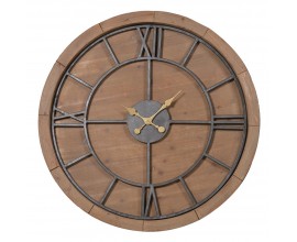 Designové industriální hnědé nástěnné hodiny Mendio z masivního dřeva se zlatými ručičkami 100 cm