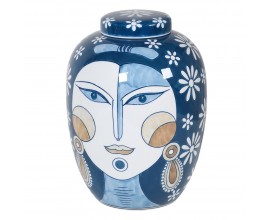 Moderní designová porcelánová nádoba s víkem China s malovaným motivem ženy a květin v modré barvě 32 cm