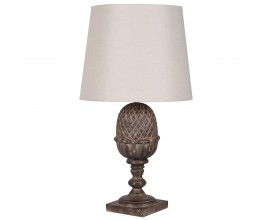 Stylová vintage stolní lampa Egis s kuželovým stínítkem v béžové barvě a dřevěnou vyřezávanou nohou v hnědé barvě s motivem vajíčka