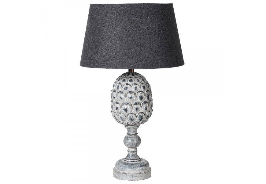 Stylová vintage stolní lampa Damin s kuželovým černým textilním stínítkem a dřevěnou vyřezávanou vintage nohou