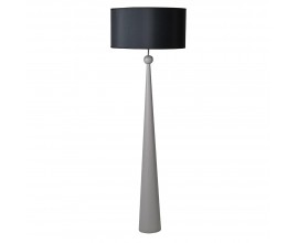 Stylová moderní art deco geometrická stojací lampa Matil s válcovým černým textilním stínítkem a šedou dřevěnou nohou