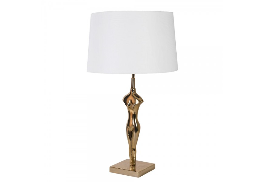 Designová stolní lampa Silhouette ve stylu art deco se zlatým podstavcem ve tvaru postavy s bílým plátěným stínidlem sofistikovaného vzhledu