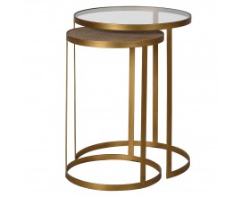 Designová art deco sada dvou zlatých kulatých příručních stolků Diveni Gold s ratanovou a skleněnou deskou 50 cm