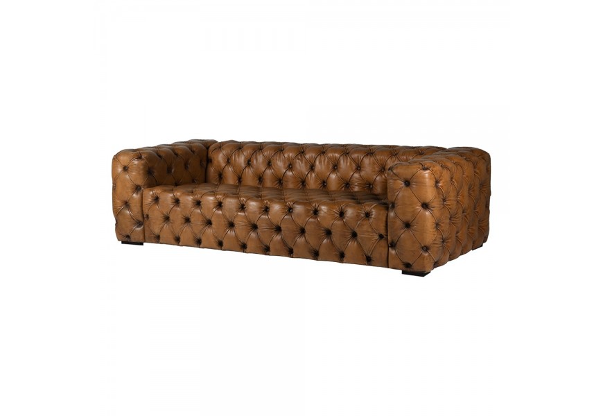 Vintage chesterfield sedačka Snuggle obdélníkového tvaru čalouněná pravou hnědou kůží s hlubokým prošíváním