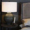 Stylová vintage keramická stolní lampa Ramir se lněným válcovým stínítkem a zelenou glazurovanou nohou 56 cm