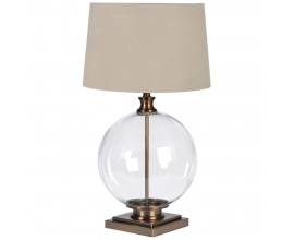 Stylová skleněná vintage stolní lampa Salma s měděnou konstrukcí a kulatou průsvitnou nohou s béžovým lněným stínítkem 75 cm