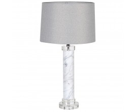 Luxusní mramorová stolní lampa Lira s válcovitou bílou mramorovou nohou a lněným stínítkem ve světle šedé barvě 72 cm