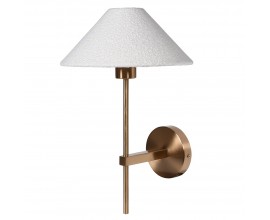 Designová art deco nástěnná lampa Ester se zlatou konstrukcí a kuželovým lněným boucle stínítkem 43 cm