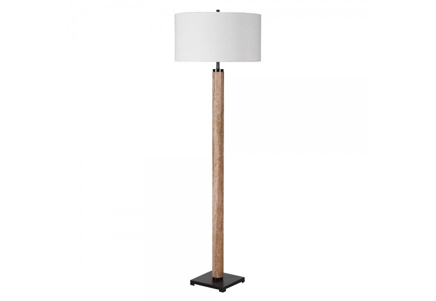 Designová vysoká stojací lampa Matt vyrobeno z hnědého mramoru v glamour stylu s válcovým bílým texturovaným stínítkem