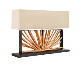 Moderní designová stolní lampa Adduro s černou kovovou podstavou s naturálním dřevěným prvkem a béžovým stínítkem 60 cm