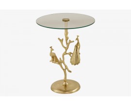 Stylový art deco kovový příruční stolek Tierra Glam s kulatou skleněnou deskou a nohou v podobě zlatých pávů 60 cm