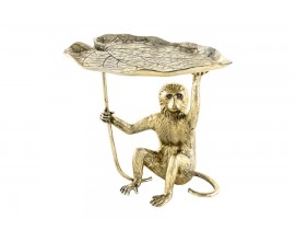 Stylový art deco příruční kovový stolek Monkey s přírodními motivy v podobě listu a opice ve zlaté antické barvě 55 cm