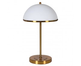 Designová art deco stolní lampa Domio s kulatým kupolovitým stínítkem ze skla v bílé barvě se zlatými detaily 54 cm