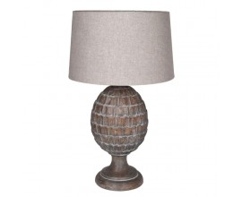 Stylová vintage stolní lampa Arty s masivní hnědou mangovou nohou v podobě artyčoku a válcovým lněným stínítkem 77 cm