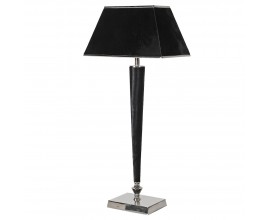 Glamour industriální moderní vysoká noční lampa Asin s nohou v černé barvě s obdélníkovou kovovou stříbrnou podstavou a hranatým stínítkem v černé barvě se stříbrnými detaily