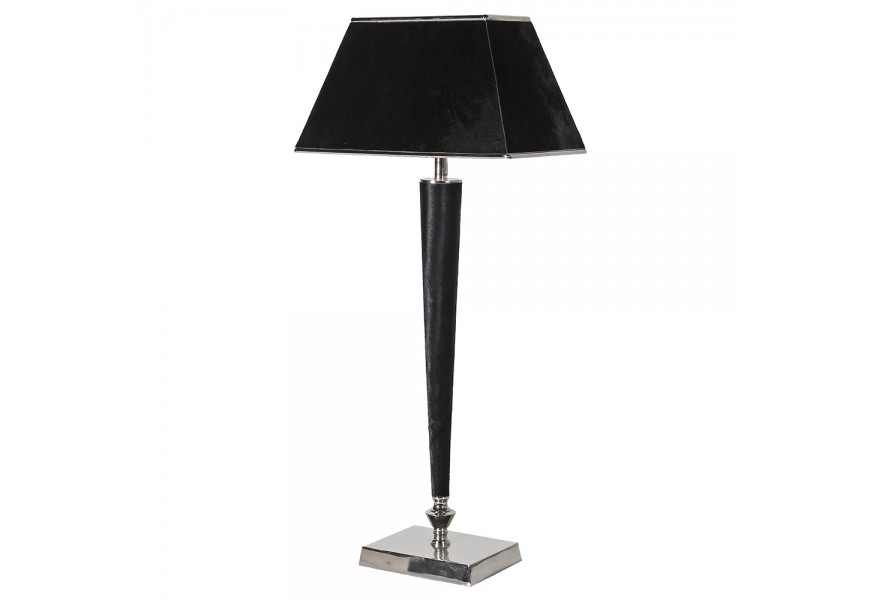 Glamour industriální moderní vysoká noční lampa Asin s nohou v černé barvě s obdélníkovou kovovou stříbrnou podstavou a hranatým stínítkem v černé barvě se stříbrnými detaily