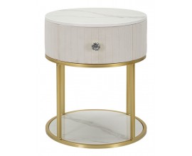 Luxusní glamour čalouněný noční stolek Glamia Tapisé v krémové bílé barvě s mramorovými deskami a zlatou podstavou 42 cm