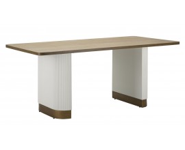 Luxusní art deco obdélníkový jídelní stůl Glamia Blanc s vroubkovaným krémovým nohama s hnědou vrchní deskou 180 cm