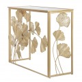 Designový glamour zlatý konzolový stolek Natura Elegante s designem ginko listů a zrcadlovou deskou 108 cm