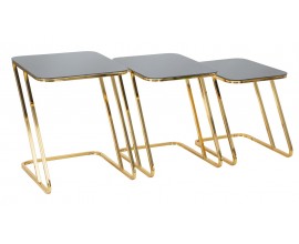 Designová glamour sada obdélníkových příručních stolků Aurialis s černou skleněnou deskou a zlatým kovovým rámem 55 cm