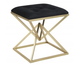 Designová art deco taburetka Triangolo Oro s geometrickou zlatou podstavou a černým čalouněným sedadlem 45 cm