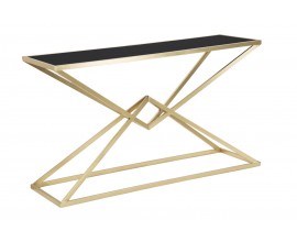 Designový art deco konzolový stolek Triangolo Oro s obdélníkovou deskou z černého skla a geometrickou zlatou podstavou 130 cm