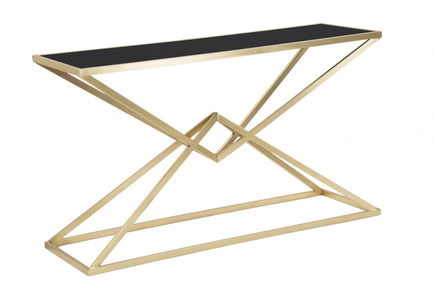 Designový art deco konzolový stolek Triangolo Oro s obdélníkovou deskou z černého skla a geometrickou zlatou podstavou 130 cm