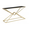 Designový art deco konzolový stolek Triangolo Oro s obdélníkovou deskou z černého skla a geometrickou zlatou podstavou 130 cm