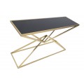 Designový art deco konzolový stolek Triangolo Oro s obdélníkovou deskou z černého skla a geometrickou zlatou podstavou 130 cm