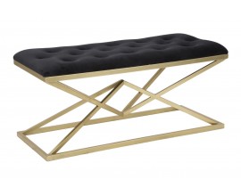 Designová art deco zlatá lavice Triangolo Oro s černým čalouněným sedadlem s ozdobným prošíváním a geometrickou podstavou 100 cm