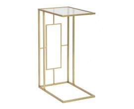 Art deco obdélníkový zlatý kovový geometrický příruční stolek Magnus s vrchní skleněnou průhlednou deskou 60 cm