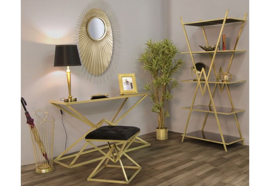 Stylová glamour sestava nábytku do předsíně Triangolo Oro s kovovými zlatými podstavami s geometrickým designem a černým barevným akcentem