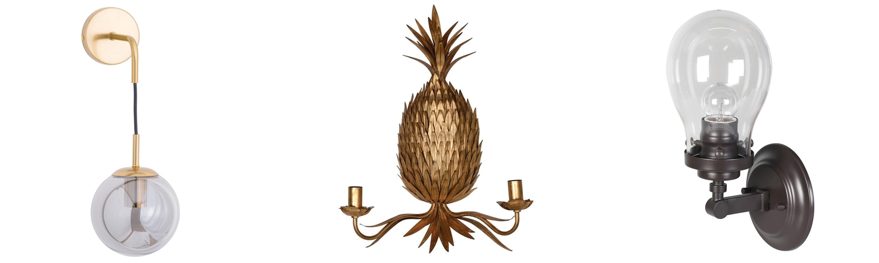 Stylové nástěnné lampy art deco nástěnná lampa Globe ve zlaté barvě s kouřovým stínítkem a extravagantní zlatá nástěnná lampa Pineapple ve tvaru ananasu a industriální nástěnná lampa Sonny z šedého kovu a průhledného skla