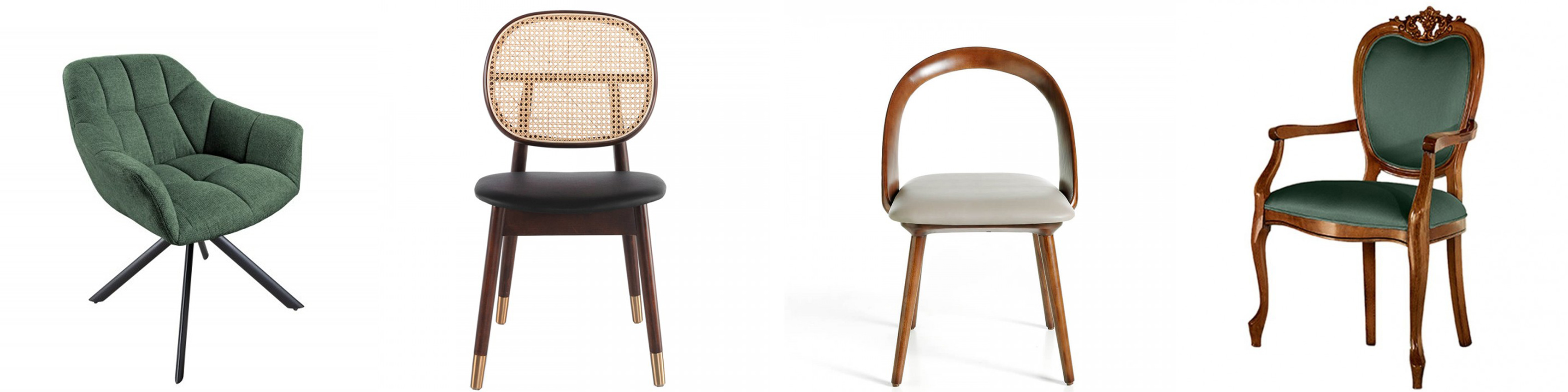 Designové zelené čalouněné jídelní křeslo Mariposa a retro jídelní židle Froma Moderna v černé barvě s ratanovým výpletem a moderní minimalistická hnědo bílá jídelní židle Forma Moderna a rustikální židle Pasiones se zeleným čalouněním