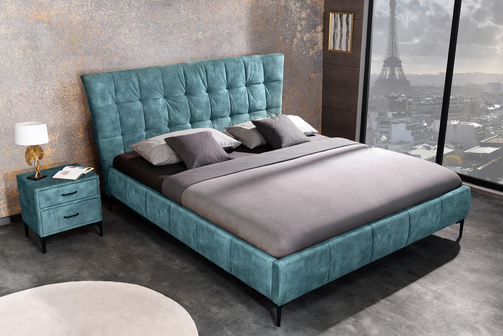 Estila Designová chesterfield manželská postel Velouria petrolejové modré barvy s prošívaným čelem 160x200cm