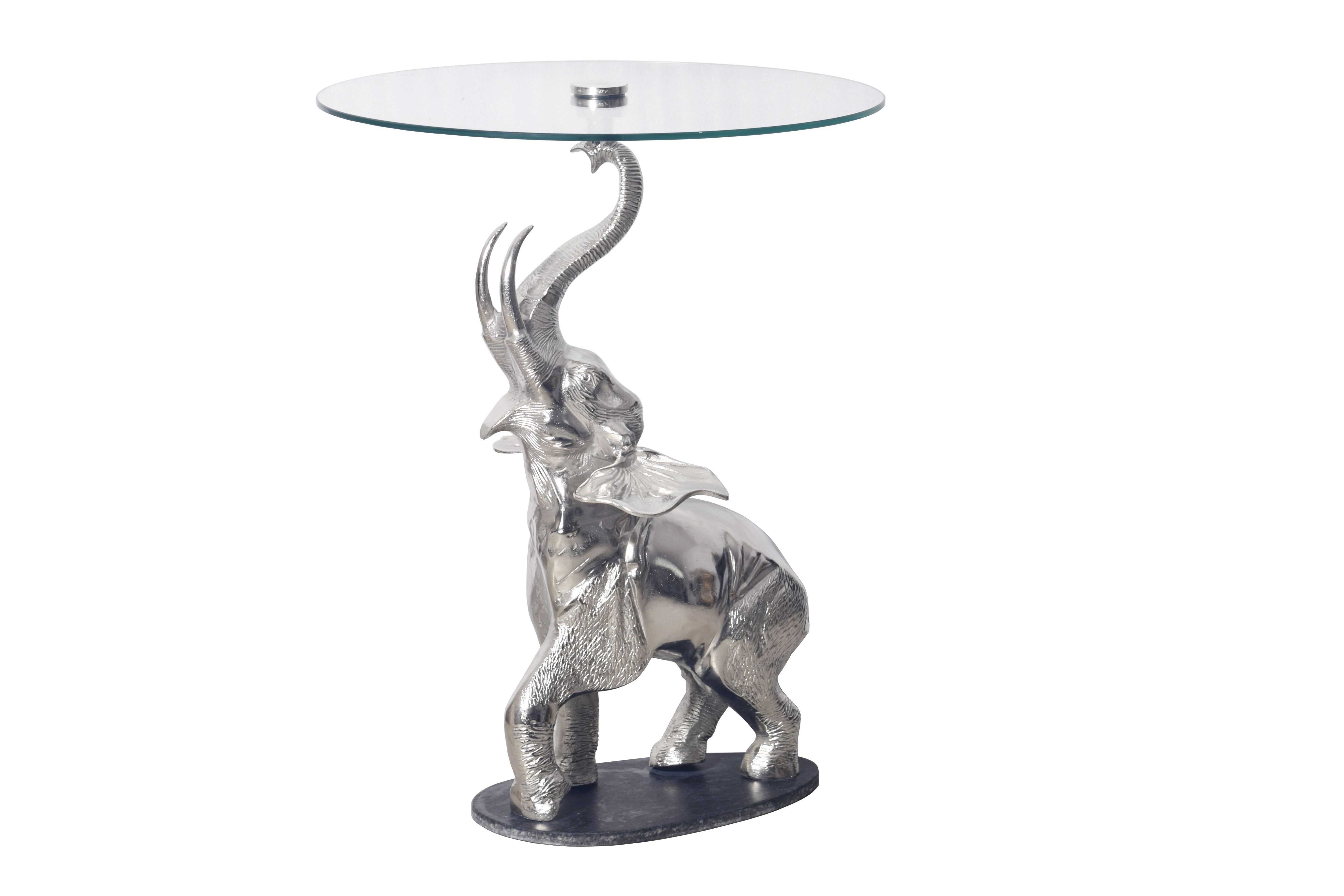 Estila Designový art deco stříbrný kulatý příruční stolek Balarama s podstavou ve tvaru slona 75 cm